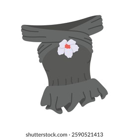 Sleeveless black crop top vector icon with a fringe hem and flower