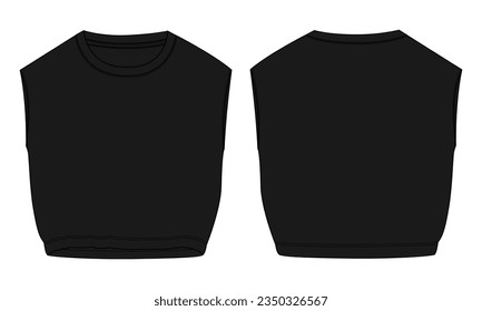 Sleeveless blouse tops technical drawing fashion flat sketch vector illustration black color template for women's.