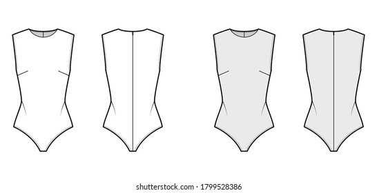 Sleeveless bodysuit technical fashion illustration with round neck, close fit, snap fastenings at base. Flat outwear one-piece apparel template front, back, white, grey color. Women men unisex top CAD