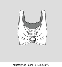 Sleeveless Buckle Crop top Placket button panel Gathering Design flat sketch Drawing Cad mock up Template