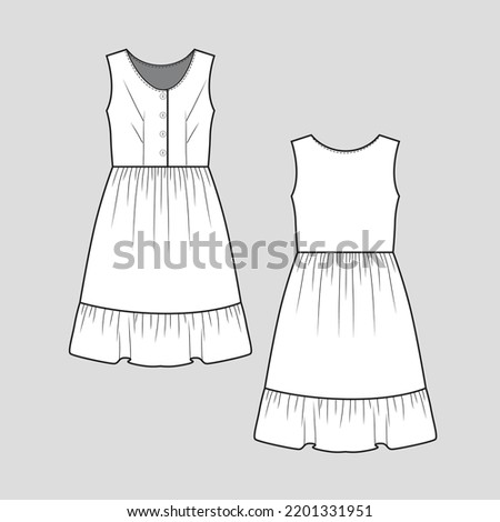 Sleeveless Button panel Dress waist Gathering peplum ruffle hem Fashion flat sketch