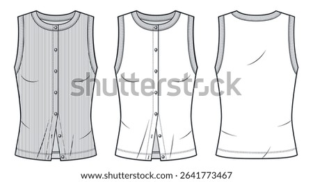 Sleeveless Button Up Women Top Technical Fashion Illustration. Tank Top fashion flat technical drawing template, front and back view, white, ribbed, women, men, unisex CAD mockup set.