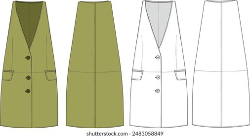 sleeveless buttooned v neck a line short jacket dress Jacket, vest, suit, technical, drawing, flat, sketch, fashion, woman