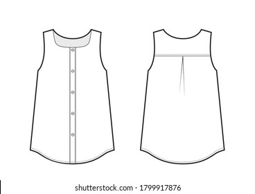 Sleeveless casual white blouse. Black and white sketch