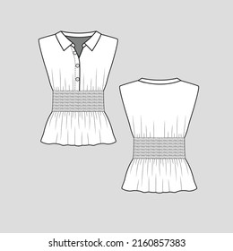 Sleeveless Collar neck Smocked  top button panel peplum  waist smocking detail  top blouse Fashion clothing flat sketch technical drawing template design vector