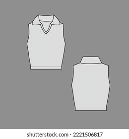 Sleeveless Collar notch Neck Ribbed Crop Top  fashion design flat sketch drawing template vector