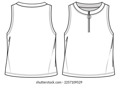 SLEEVELESS CREW NECK TOP WITH HALF ZIPPER DETAIL FOR  WOMEN AND TEEN GIRLS IN EDITABLE VECTOR FILE