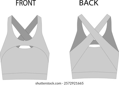 Sleeveless cropped sports top with a cutout back. Knitted top, vector mockup, fashion illustration, CAD mockup, technical drawing.