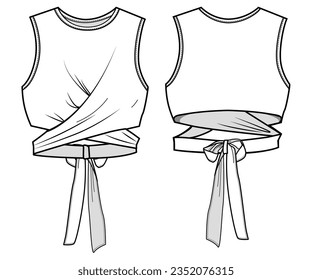 Sleeveless Cross Wrap Back Tie Knot Crop Tank Top  Front and Back View. Fashion Flat Sketch Vector Illustration, CAD, Technical Drawing, Flat Drawing, Template, Mockup.