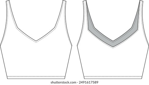 sleeveless curved v neck strappy strapped shoulder straps cropped crop blouse top tank top template technical drawing flat sketch cad mockup fashion woman design style model 