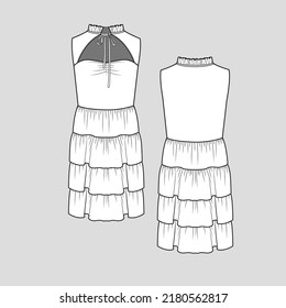 Sleeveless Cut Out Frill Neck Knotted Peplum Dress Tiered Ruffles Neckline Frill Knot Tie Waist Gathering  Fashion Dresses  Blouse Flat Sketch Technical Drawing Template Design Vector