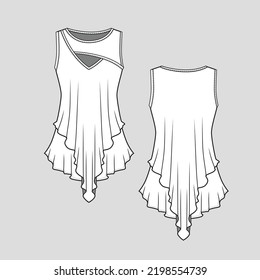 Sleeveless Cut out Ruffles Top Fashion Neck Layered Ruffles Hem Design flat sketch Cad Drawing mock up Template