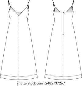 sleeveless deep v neckshoulder spaghetti straps strappy strapped zippered midi knee ankle length denim a-line dress template technical drawing flat sketch cad mockup fashion woman design style model 