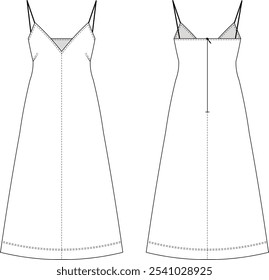 sleeveless deep v neckshoulder spaghetti straps strappy strapped zippered midi knee ankle length denim a-line dress template technical drawing flat sketch cad mockup fashion woman design style model 