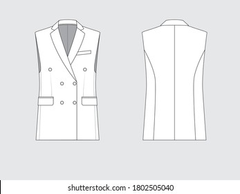 sleeveless double breasted blazer, front and back, drawing flat sketches with vector illustration by sweettears