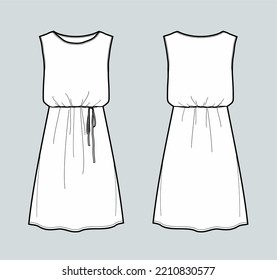 Sleeveless dress with elastic waist flat sketch. Summer gown apparel design. Front and back. Women CAD mockup. Technical drawing. Vector illustration.