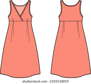 Sleeveless dress flat sketch. Summer gown apparel design. Front and back. Women CAD mockup. Fashion technical drawing template. Vector illustration.