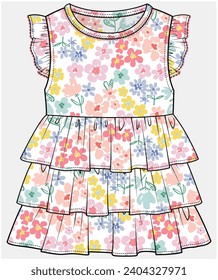 SLEEVELESS DRESS WITH FRILL AND TIERED LAYERED DRESS DESIGNED FOR TODDLER AND KID GIRLS IN VECTOR ILLUSTRATION FILE