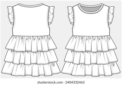 SLEEVELESS DRESS WITH FRILL AND TIERED LAYERED DRESS DESIGNED FOR TODDLER AND KID GIRLS IN VECTOR ILLUSTRATION FILE