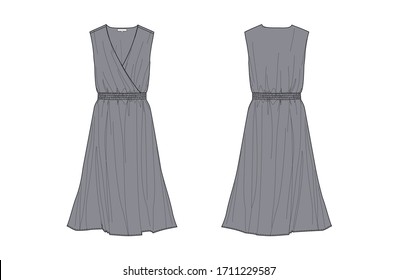 Sleeveless dress with overlapped front and elastic waist, flat sketch, front and back views