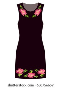 Sleeveless dress with peony flower embroidery patch vector illustration isolated on dark background. Floral pattern with machine embroidery texture, stitch effect imitation. Pink blossom, clothes.