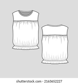 Sleeveless Elastic Gathering Ruffles Frill Top Crew Neck Front Gatherings Vest Singlet Top T Shirt Blouse Fashion Clothing Outline Flat Sketch Technical Drawing Template Design Vector