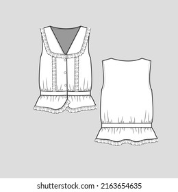 Sleeveless Fashion Frill top V Neck full open Fancy frills detail hem gathering vest singlet Fashion clothing outline flat sketch technical drawing template design vector