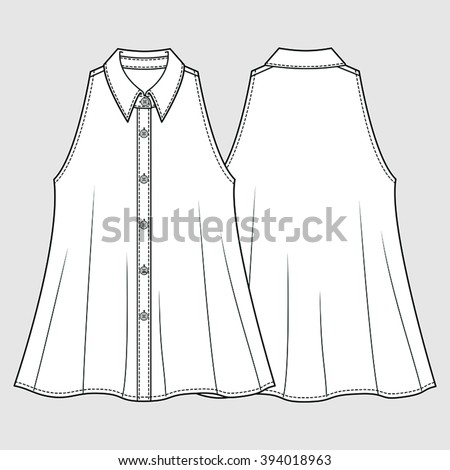Sleeveless Flared Button Up Shirt. Fashion Illustration, CAD, Technical Drawing, Specification Drawing, Pen Tool, Editable.
