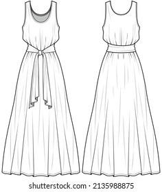 Geschmackloses Maxi-Kleid mit Knospenstil, böhmische Kleidung vorne und hinten. Mode Illustration, Vektorgrafik, CAD, Technische Zeichnung, Flachzeichnung.