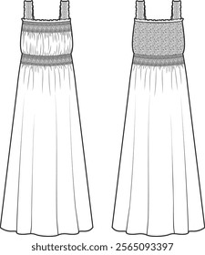 Sleeveless Flared Midi Dress with Smocked Body and Ruffled Straps – Fashion Flat Sketch CAD Template