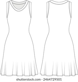 sin mangas acampanado u cuello una línea vestido corto dibujo técnico Plantilla plano sketch cad maqueta mujer diseño estilo modelo