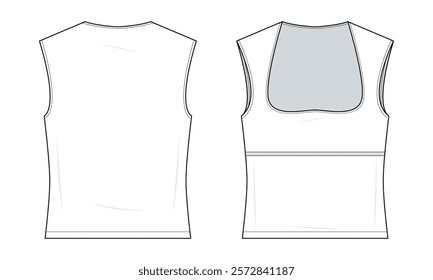 Sleeveless Formal Top Technical Fashion Illustration. Sleeveless Formal Top with modified Square Sweetheart Neckline Vector Template. Front and Back View. Fitted Silhouette. Women’s top. CAD Mockup.