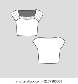 sleeveless Frill  Crop top Square Neck frill Shoulder Gathering Cropped t shirt top blouse  flat sketch technical drawing template design vector