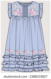 SLEEVELESS FRILL EMBROIDERY  DRESS WITH EMPIRE PINTUCKS YOKE DETAIL DESIGNED FOR FOR TEEN GIRL, TWEEN GIRLS AND KID GIRLS IN  VECTOR ILLUSTRATION