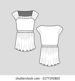 sleeveless Frill  peplum Dress Square Neck frill Shoulder Gathering peplum waist ruffles t shirt top blouse Dress flat sketch technical drawing template design vector