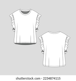 Sleeveless frill top armhole Ruffle Frill Crew neck High Low dip hem fashion flat sketch template drawing