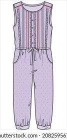 SLEEVELESS FRILLED JUMPSUIT WITH LACE IN SWISS DOT FABRIC  FOR KID GIRLS AND TEEN GIRLS IN EDITABLE VECTOR FILE