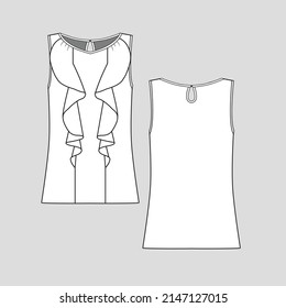 Sleeveless front ruffles keyhole top ruffle detail at front  vest keyhole at back fashion flat sketch cad technical drawing template design vector