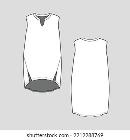 Sleeveless Front Slit fashion Dress Notch Neck High low dip hem dresses  fashion Design drawing  flat sketch template