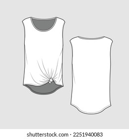 Delantero sin mangas Twist Hem T shirt Cuello superior Cuello alto de nudo baja moda Vestido de ropa singlet dibujo plano plantilla Dibujo plano