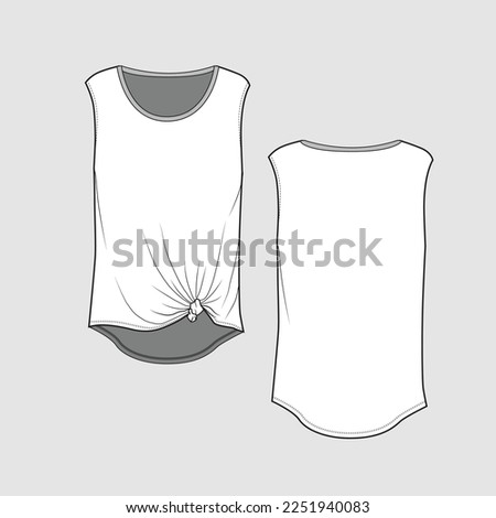 Sleeveless Front Twisted Hem T shirt Top Crew Neck High low knotted hem fashion Clothing vest singlet flat sketch Drawing template