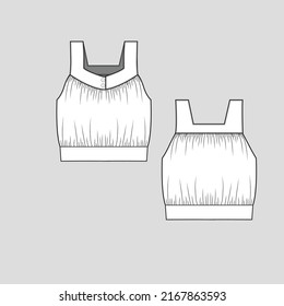 sleeveless Gathering crop top square neck button detail gathering detail cropped Fashion t shirt top blouse Flat Sketch Technical Drawing Template Vector Design