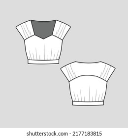 sleeveless  Gathering crop Top Square v Neck Shoulder Gathering detail fashion t shirt top blouse flat sketch technical drawing template design vector