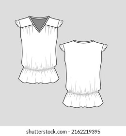 Sleeveless Gathering Frill Top v neck gatherings detail Waist elastic gathering ruffles hem clothing fashion flat sketch technical drawing template design vector