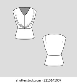 Sleeveless Gathering v neck top Gathering long sleeve Fashion Flat Sketch Technical Drawing Template design vector