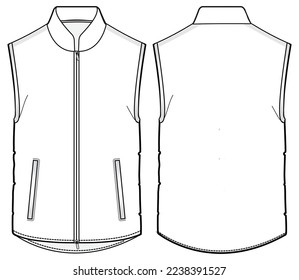 Sleeveless Gilet jacket design flat sketch Illustration front and back view vector template, Winter Bomber Jacket for men and women