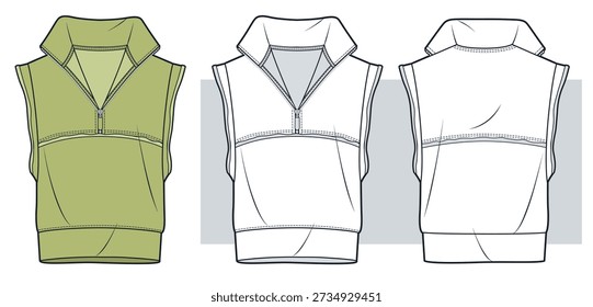Sleeveless Half Zip Sweatshirt Technical Flat Sketch. Jersey Vest Fashion Flat Technical Draving Template, front and back view, white, olive green, raw edges, women, men, unisex CAD mockup.