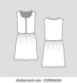 Sleeveless Henley neck button panel Dress packet Waist Gathering Dresses Fashion  flat sketch design Drawing template