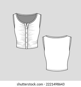 Sleeveless Henley Neck Gathering Crop Top button panel placket detail  fashion flat sketch template vector