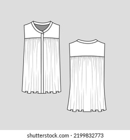 Sleeveless Henley Neck gathering ruffles t shirt top Hidden button panel placket gathering detail Fashion  flat sketch design technical Drawing template